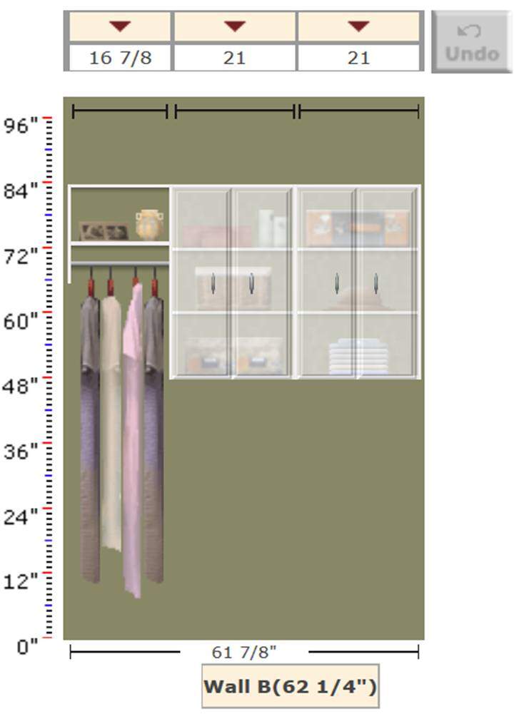 EasyClosets: PRO Closet Builder drawing of laundry room cabinets and hanging shelf