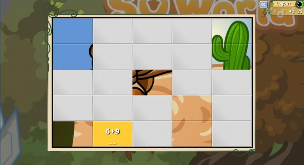 SQ'World: reveal the image by practicing math facts; color changes from green to yellow to red as time runs out