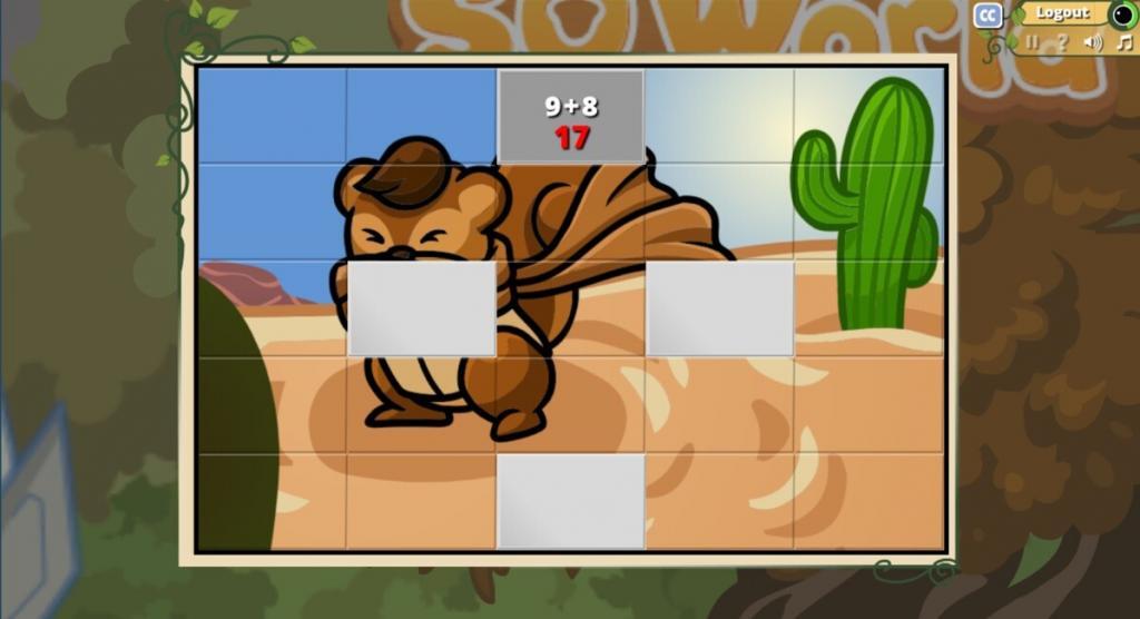SQ'World: reveal the image by practicing math facts; if the wrong answer is given, the correct answer displays in red
