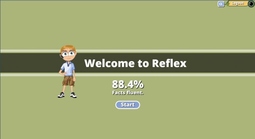 Reflex Math student welcome screen. Displays avatar and percent of fluent facts.
