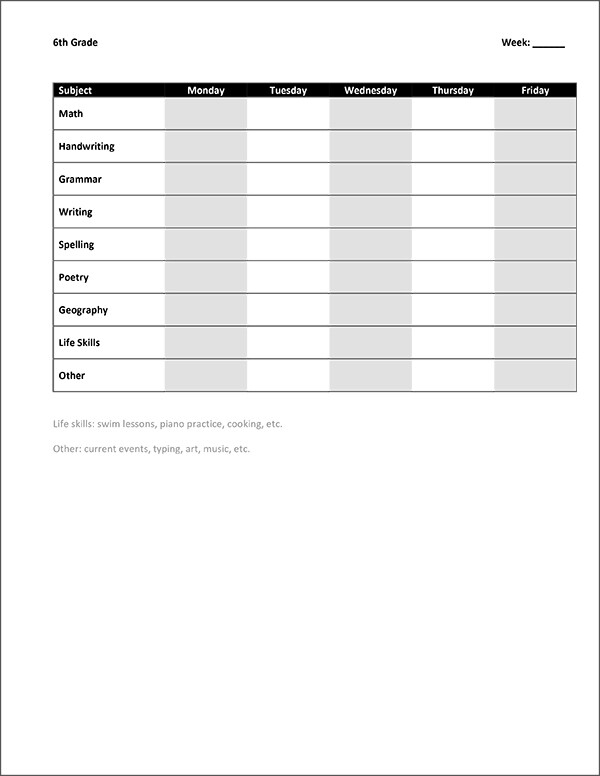 Homeschool Planning: blank template for basic weekly schedule