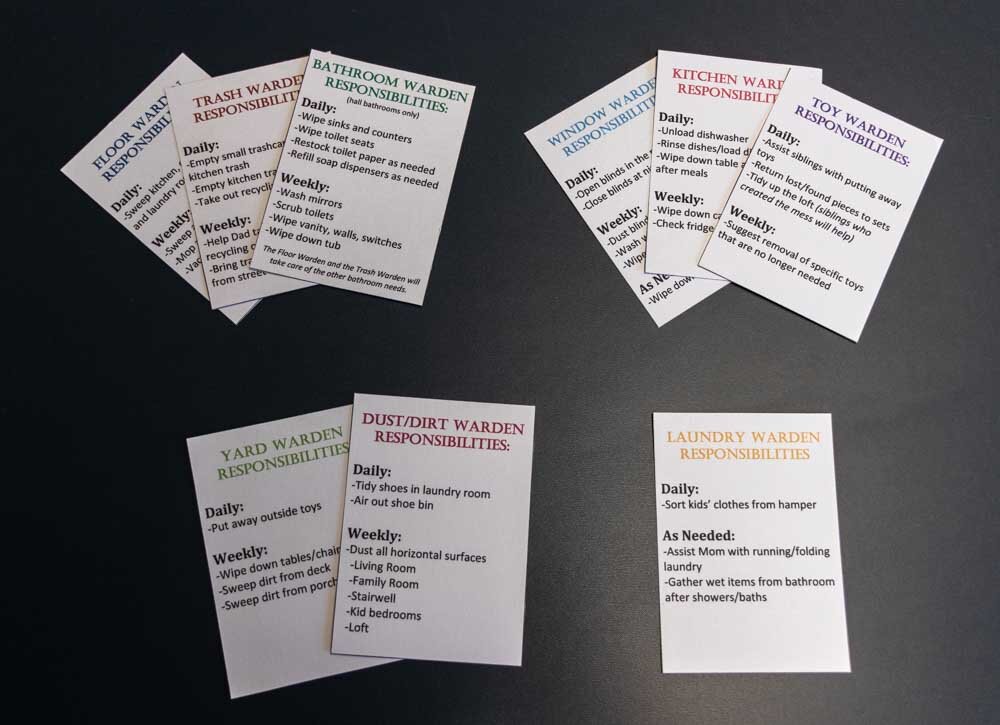 Chore warden cards that list daily and weekly responsibilities for children