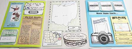internal view of the Make-A-State lap book featuring the newspaper article, state map, and landmarks