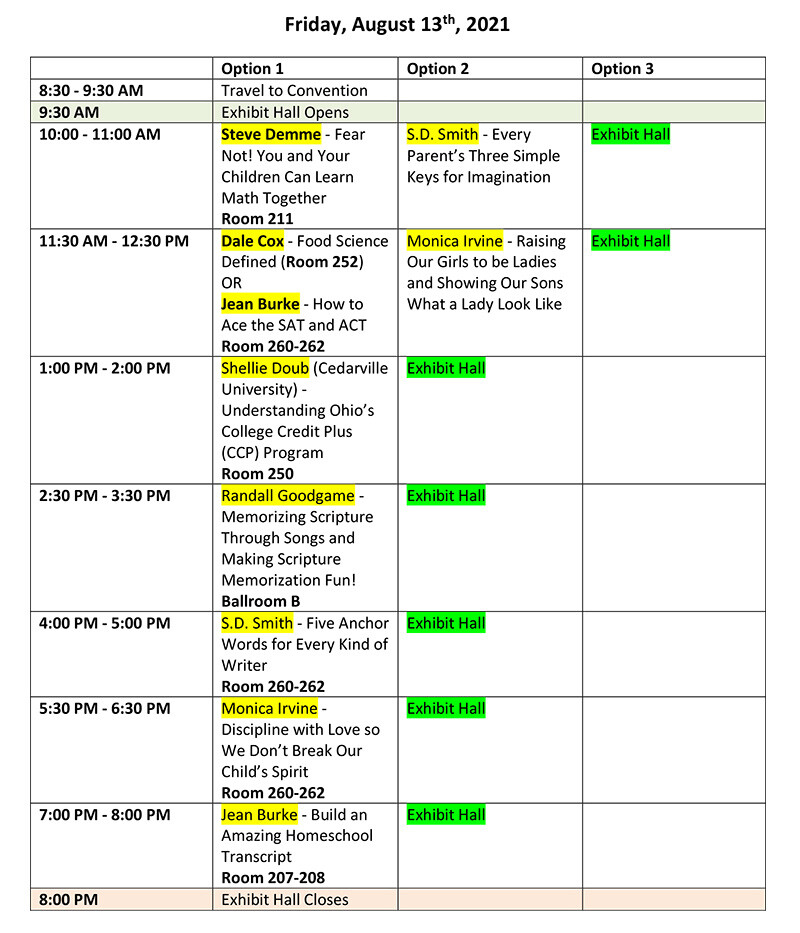 an example personal schedule for the Great Homeschool Convention: Friday