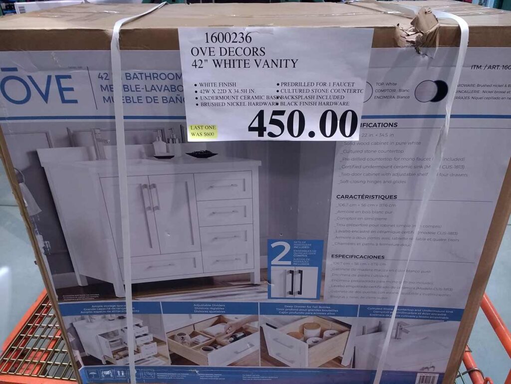 Ove brand bathroom vanity in box on flatbed cart at Costco