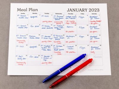 January calendar with meals and activities filled in